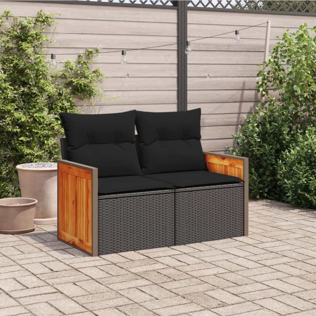 Divano da Giardino con Cuscini a 2 Posti Nero in Polyrattan | homemem39
