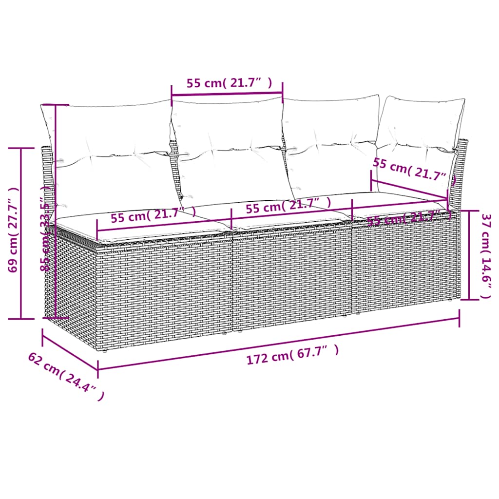 Divano da giardino con cuscini 3 posti nero in polyrattan | homemem39