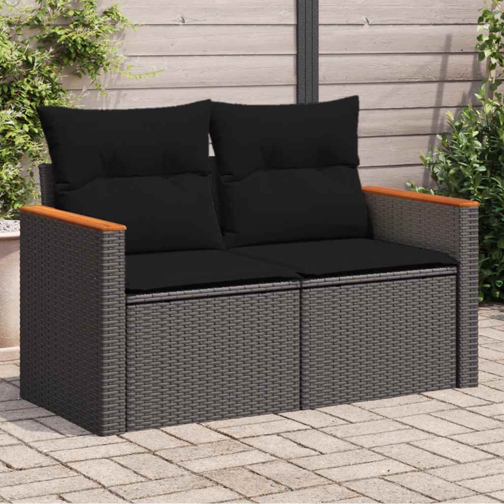 Divano da Giardino con Cuscini a 2 Posti Nero in Polyrattan | homemem39