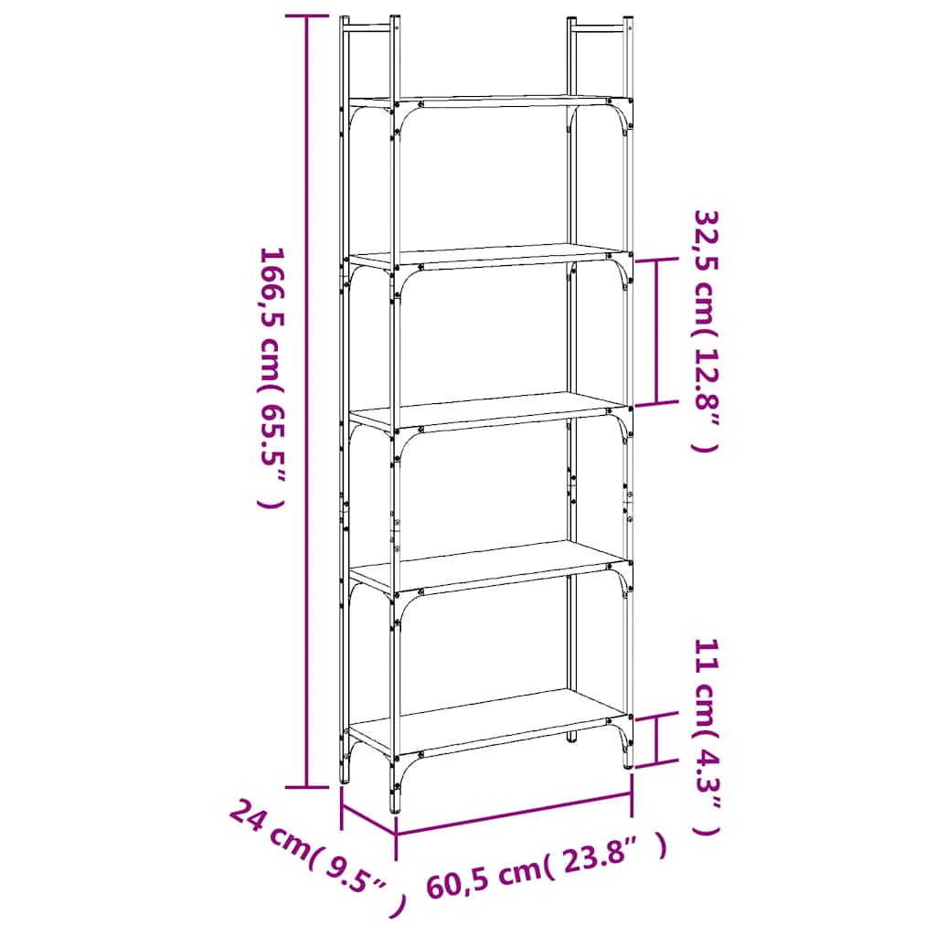 Libreria a 5 Ripiani Nera 60,5x24x166,5 cm in Legno Multistrato