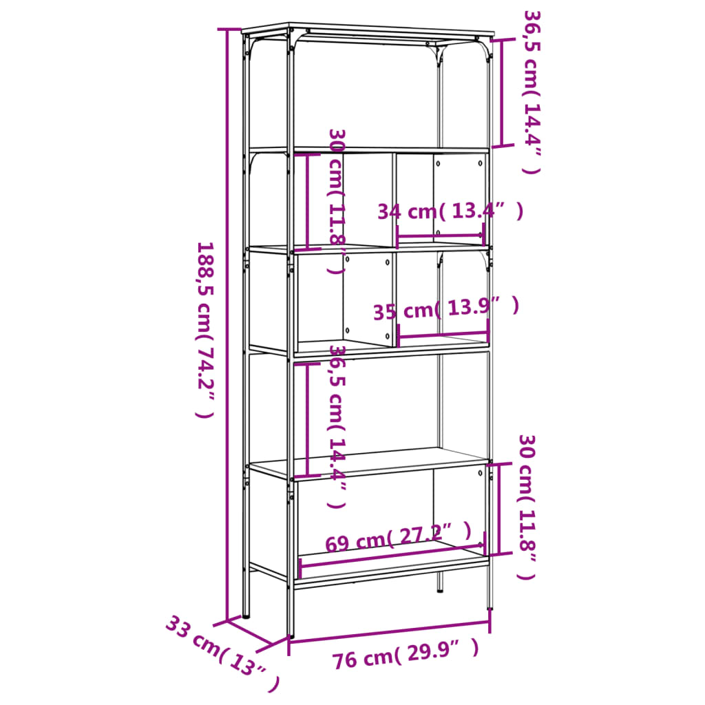 Libreria 5Ripiani Rovere Sonoma 76x33x188,5cm Legno Multistrato | homemem39