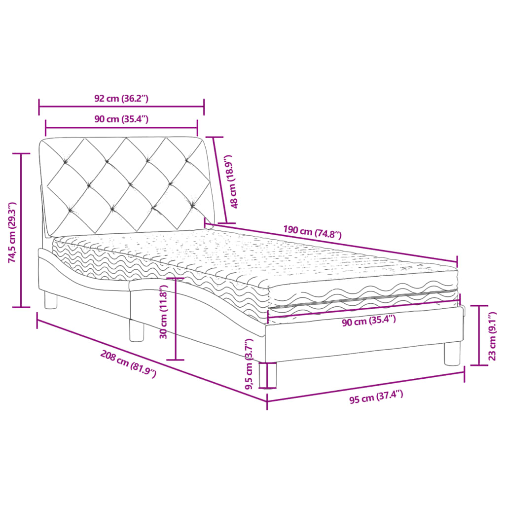 Letto con Materasso Grigio Scuro 90x190 cm in Velluto | homemem39