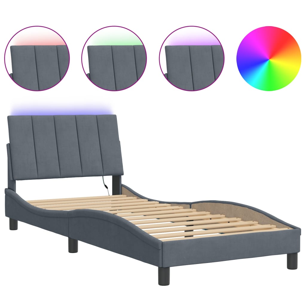 Giroletto con LED senza Materasso Hanko Grigio Scuro 90x190 cm in Velluto | homemem39