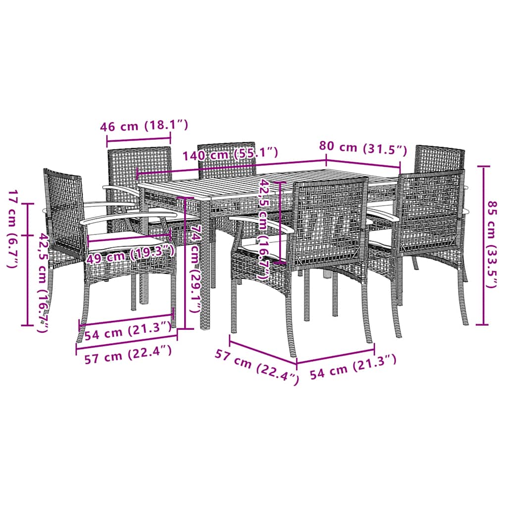 Set da Pranzo da Giardino 7 pz Nero con Cuscini in Polyrattan | homemem39