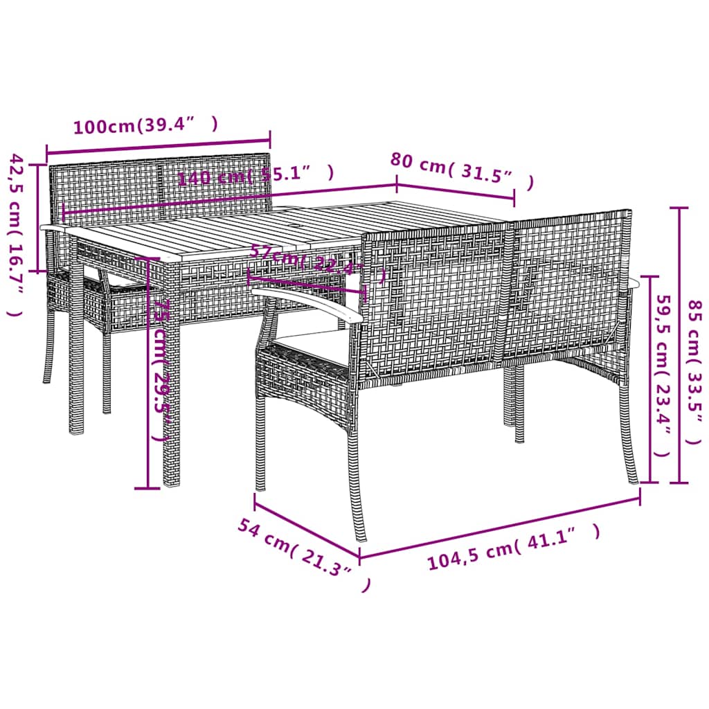 Set da Pranzo da Giardino 3 pz con Cuscini Nero in Polyrattan | homemem39