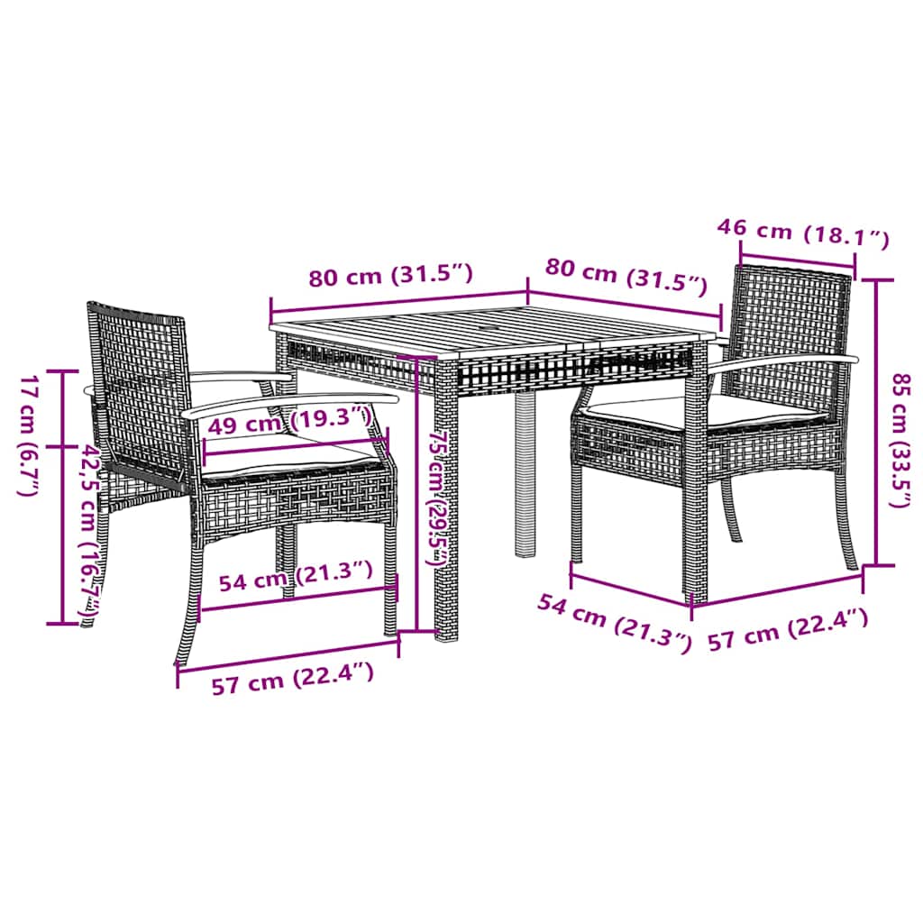 Set da Pranzo da Giardino 3 pz con Cuscini in Polyrattan Grigio | homemem39