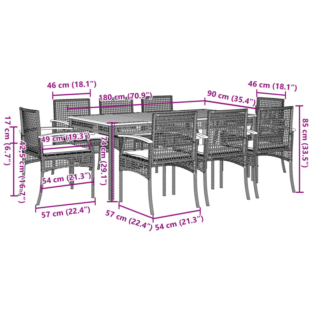 Set da Pranzo da Giardino 9 pz con Cuscini in Polyrattan Grigio | homemem39