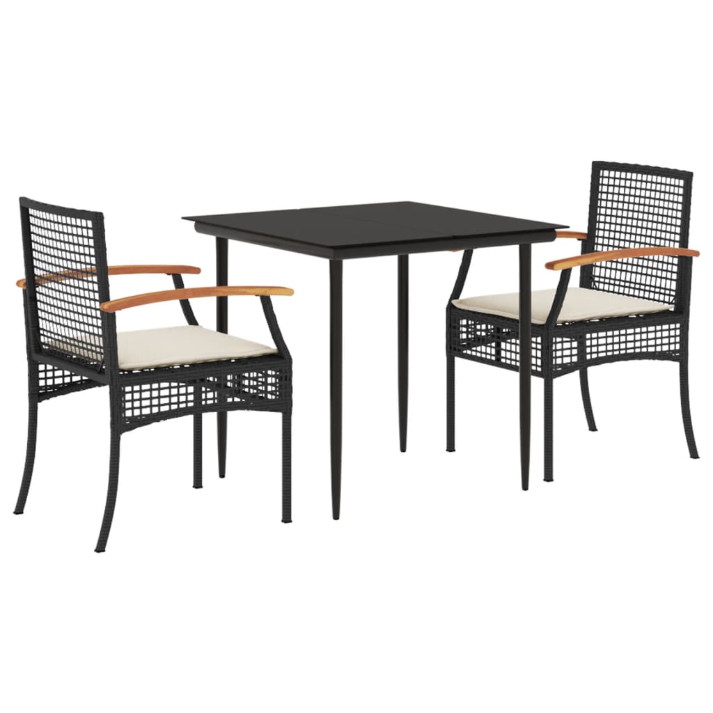 Set da Pranzo da Giardino 3 pz con Cuscini Nero in Polyrattan - homemem39