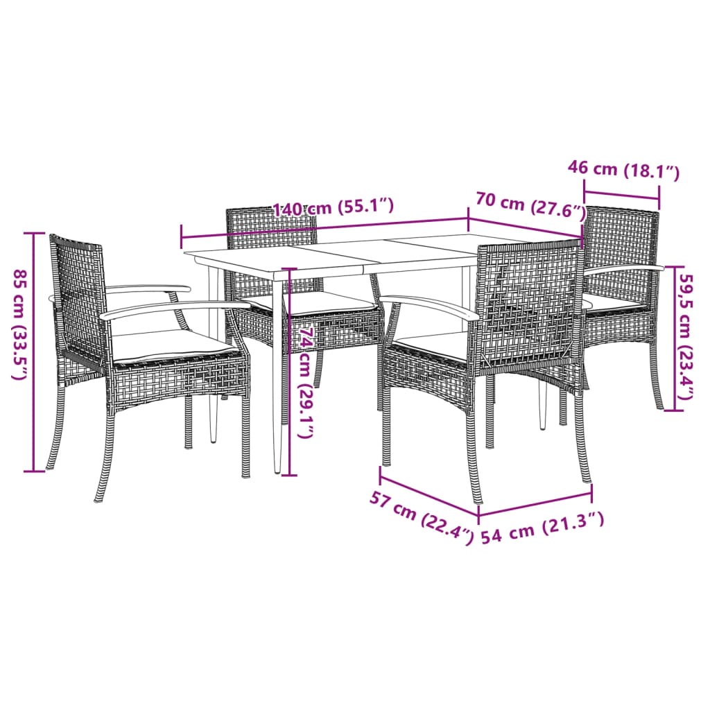 Set da Pranzo da Giardino 5 pz Nero con Cuscini in Polyrattan | homemem39
