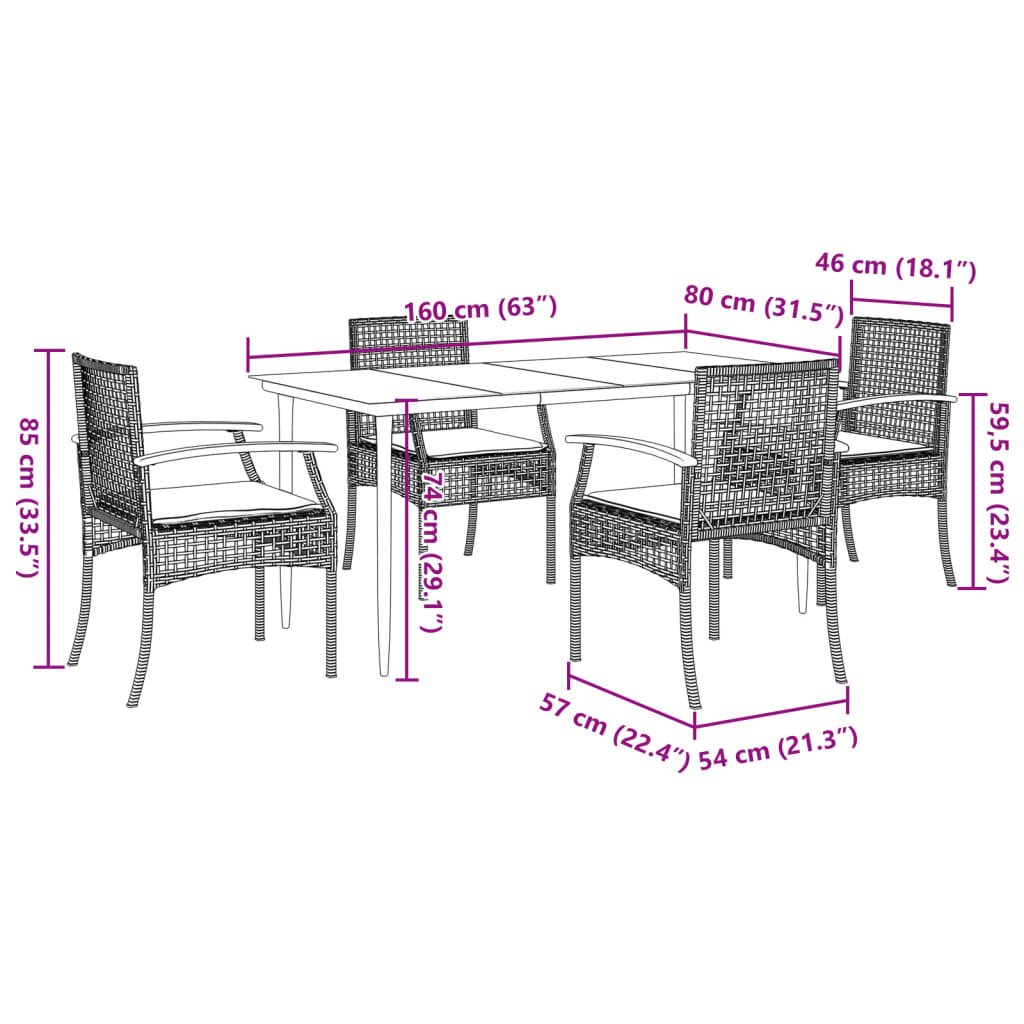 Set da Pranzo da Giardino 5 pz Nero con Cuscini in Polyrattan | homemem39