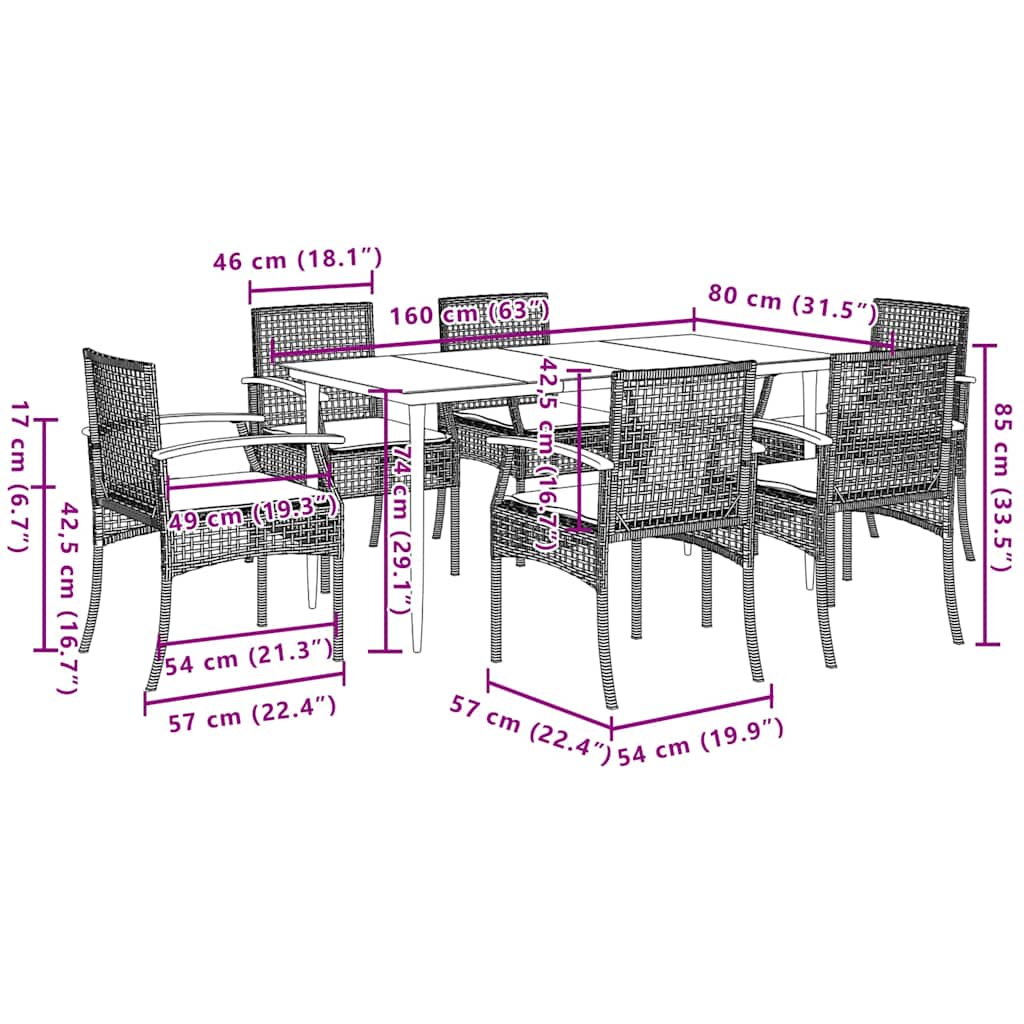 Set da Pranzo da Giardino 7 pz Nero con Cuscini in Polyrattan | homemem39