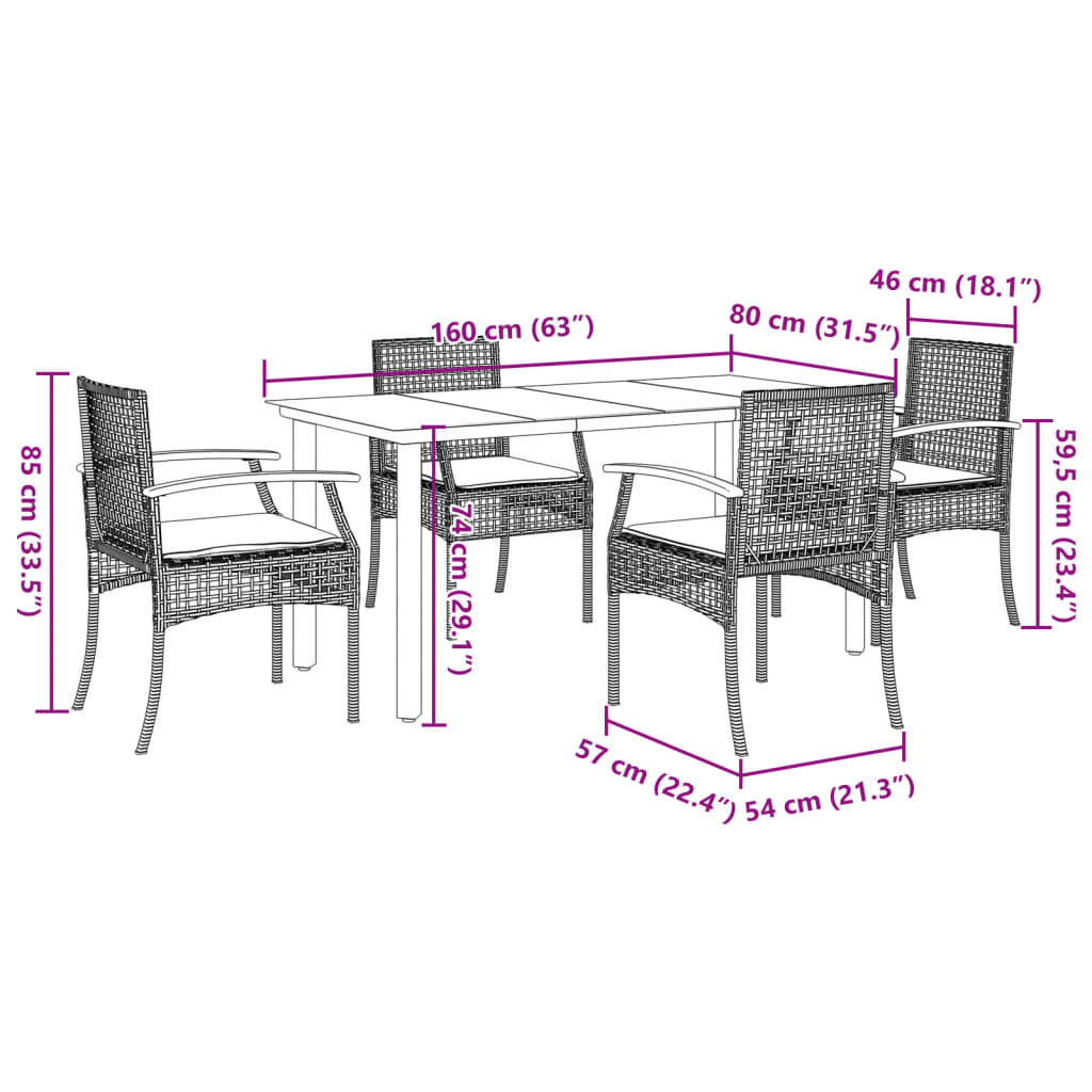 Set da Pranzo da Giardino 5 pz Nero con Cuscini in Polyrattan | homemem39