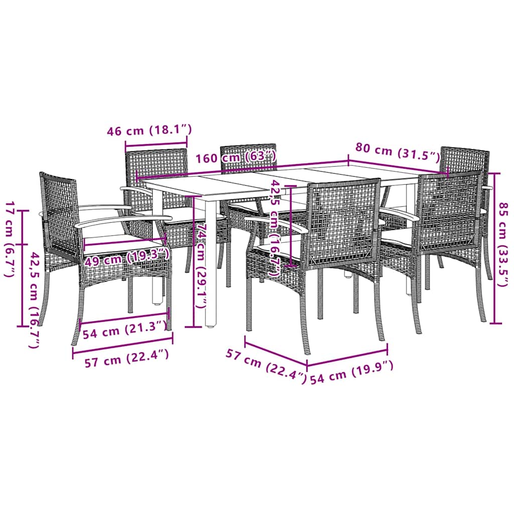 Set da Pranzo da Giardino 7 pz Nero con Cuscini in Polyrattan | homemem39