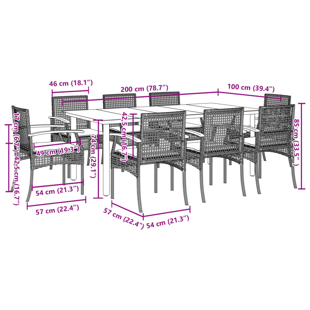 Set da Pranzo da Giardino 9 pz con Cuscini Nero in Polyrattan | homemem39