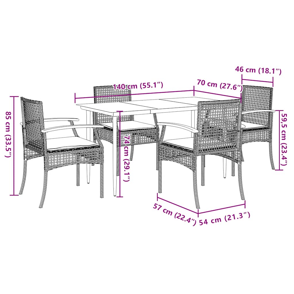 Set da Pranzo da Giardino 5 pz con Cuscini in Polyrattan Grigio | homemem39