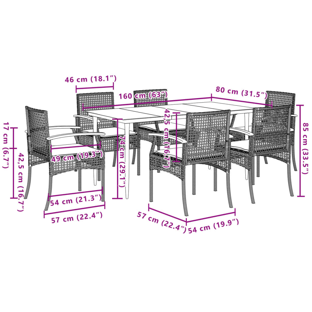 Set da Pranzo da Giardino 7 pz con Cuscini in Polyrattan Grigio | homemem39