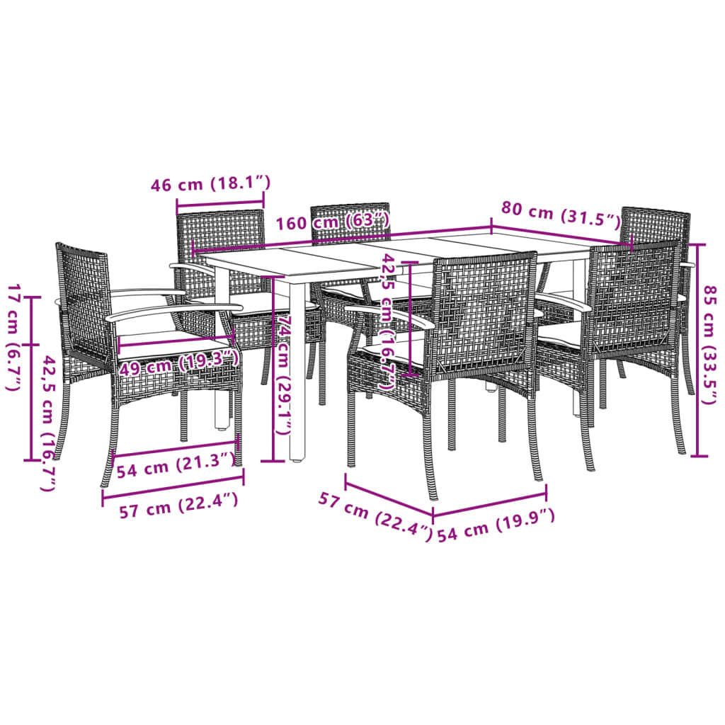 Set da Pranzo da Giardino 7 pz con Cuscini in Polyrattan Grigio | homemem39