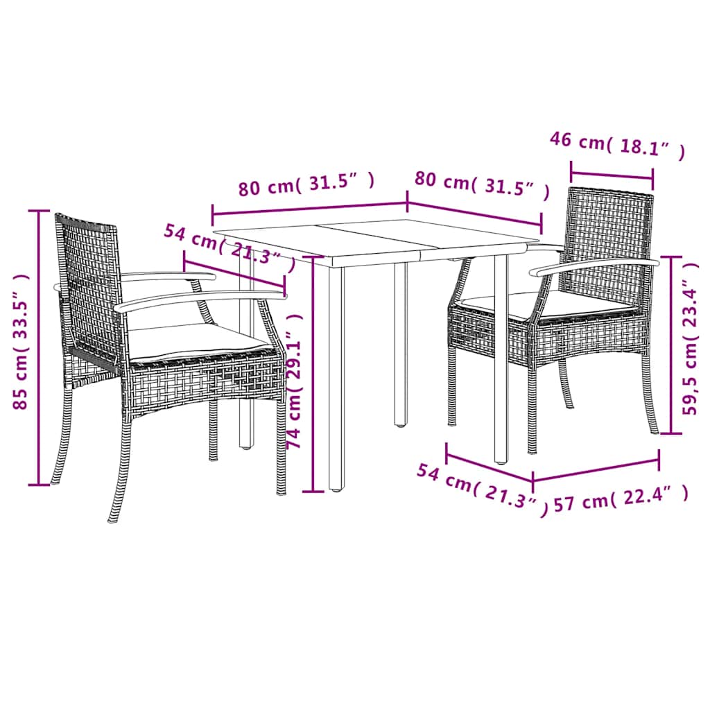 Set da Pranzo da Giardino 3 pz con Cuscini Beige in Polyrattan | homemem39