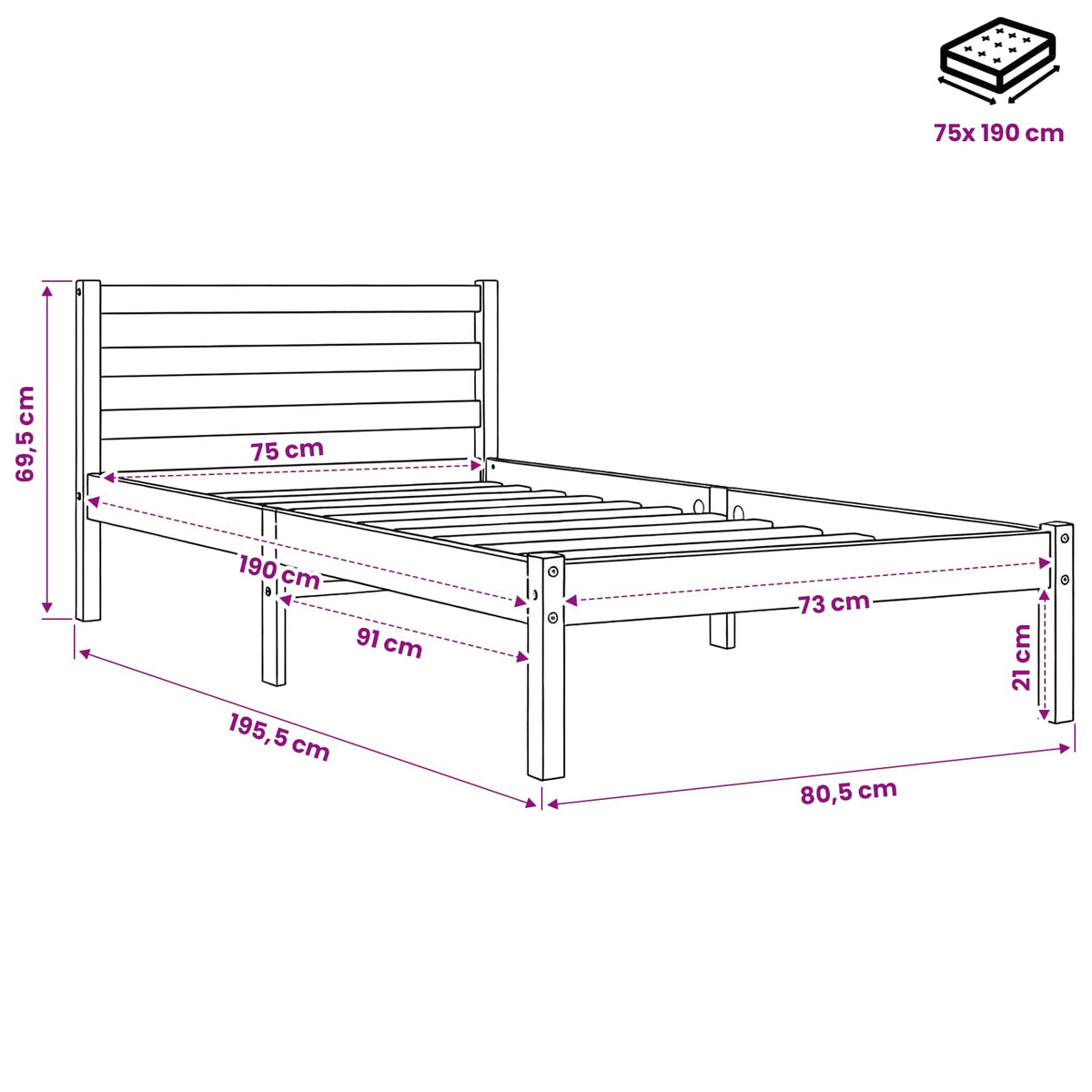 Letto senza Materasso Marrone Cera 75x190 cm in Legno di Pino | homemem39