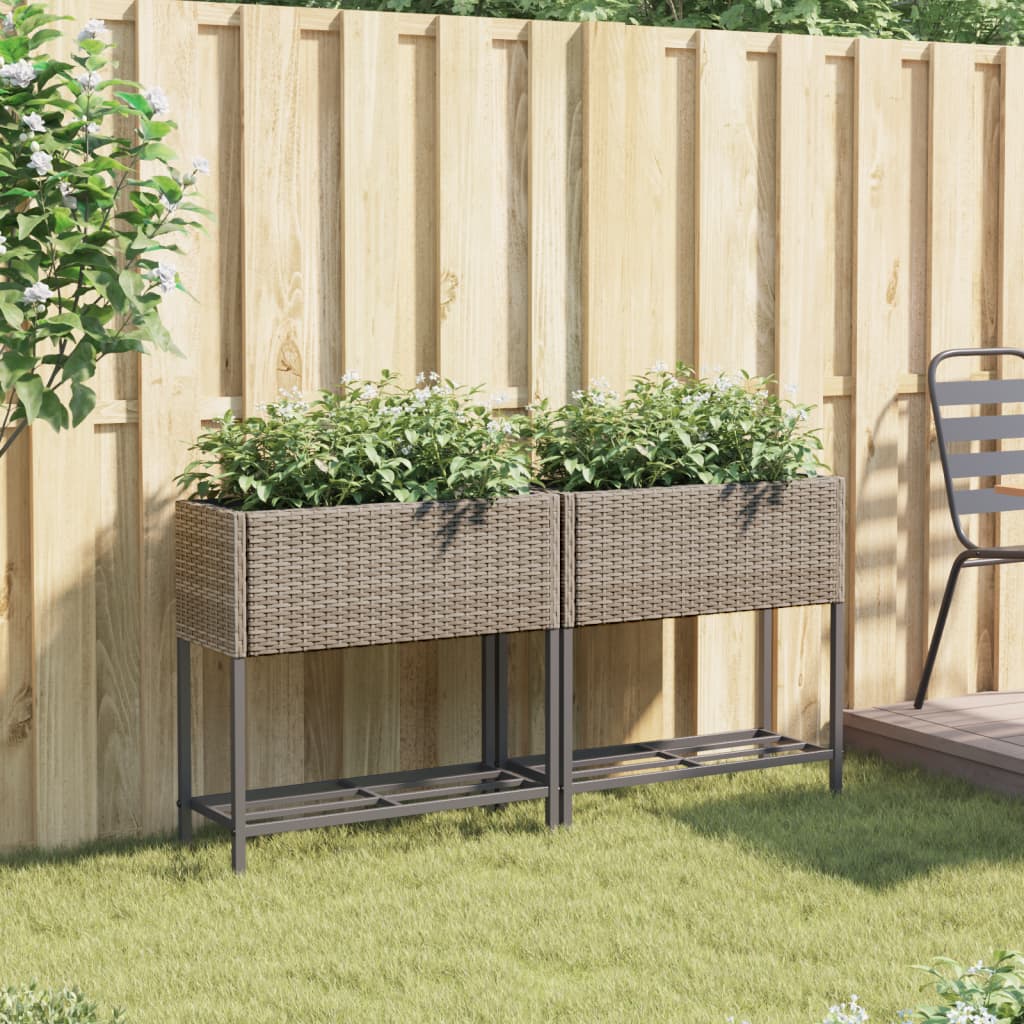 Fioriere Giardino con Ripiani 2pz Grigie Polyrattan