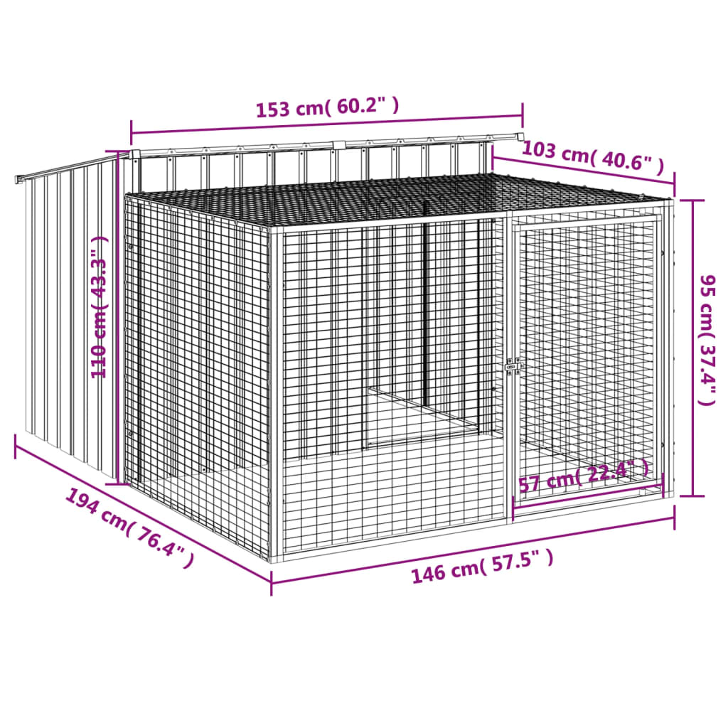 Casetta Cani con Corsa Antracite 153x194x110 cm Acciaio Zincato