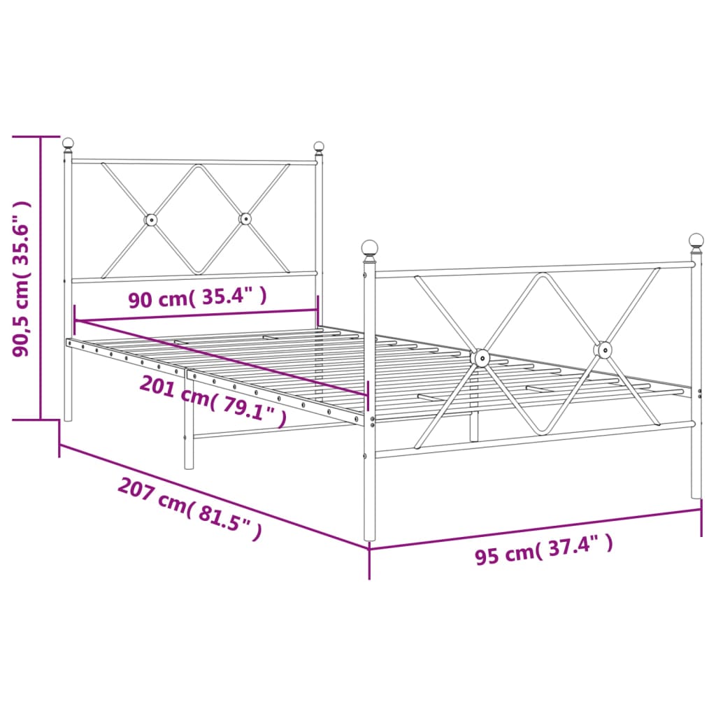 Giroletto con Testiera e Pediera Metallo Bianco 90x200 cm