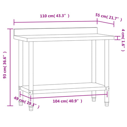 Tavolo Lavoro Cucina con Paraschizzi 110x55x93cm Acciaio Inox | homemem39