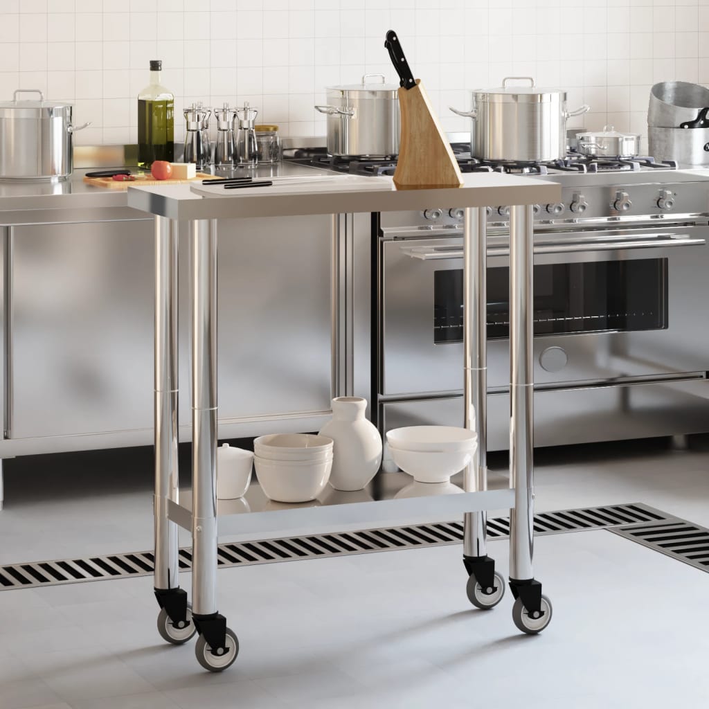 Tavolo da Lavoro Cucina con Ruote 82,5x30x85 cm in Acciaio Inox | homemem39