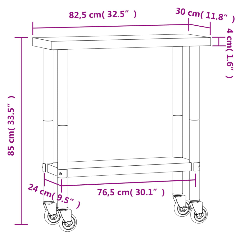 Tavolo da Lavoro Cucina con Ruote 82,5x30x85 cm in Acciaio Inox | homemem39