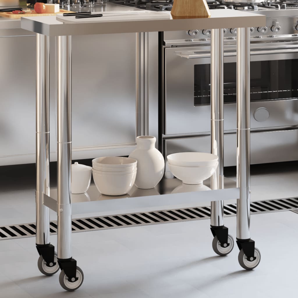 Tavolo da Lavoro Cucina con Ruote 82,5x30x85 cm in Acciaio Inox | homemem39