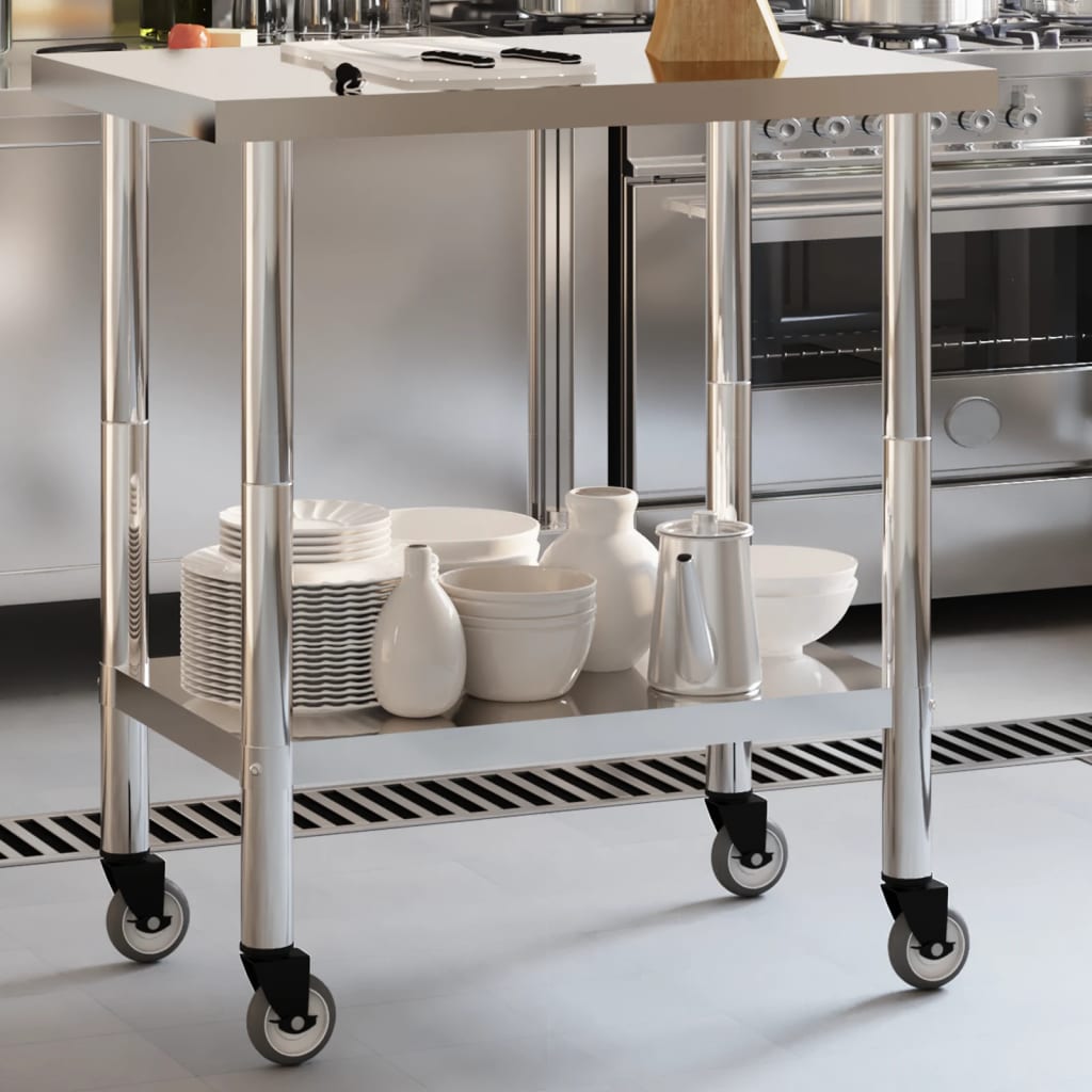 Tavolo da Lavoro Cucina con Ruote 82,5x55x85 cm in Acciaio Inox | homemem39