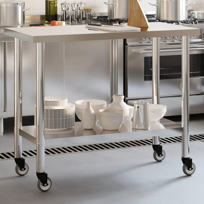 Tavolo da Lavoro Cucina con Ruote 110x55x85 cm in Acciaio Inox - homemem39