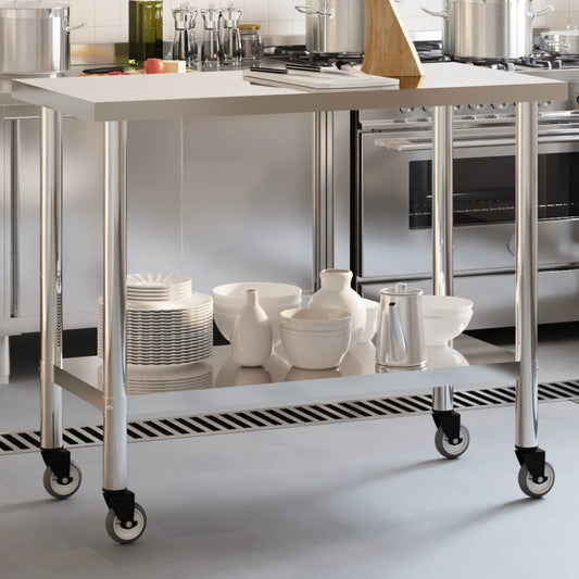 Tavolo da Lavoro Cucina con Ruote 110x55x85 cm in Acciaio Inox - homemem39