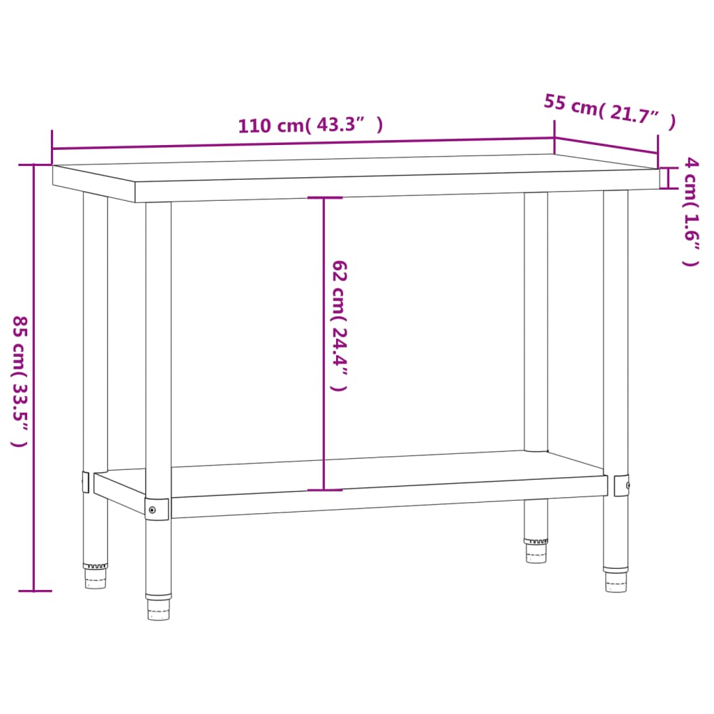 Tavolo da Lavoro da Cucina 110x55x85 cm in Acciaio Inossidabile | homemem39