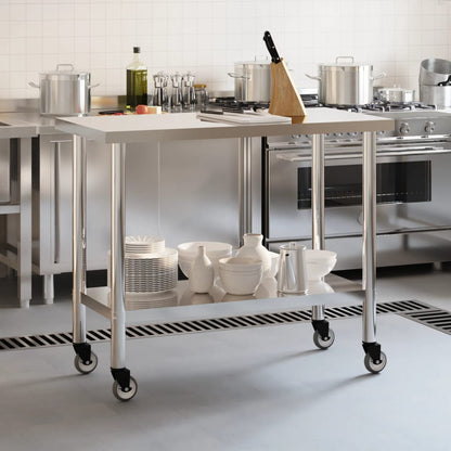 Tavolo da Lavoro Cucina con Ruote 110x55x85 cm in Acciaio Inox - homemem39