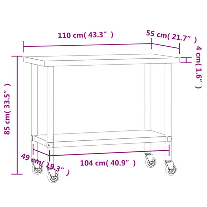 Tavolo da Lavoro Cucina con Ruote 110x55x85 cm in Acciaio Inox | homemem39