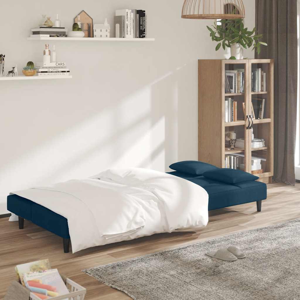 Divano Letto a 2 Posti con 2 Cuscini Blu in Velluto | homemem39