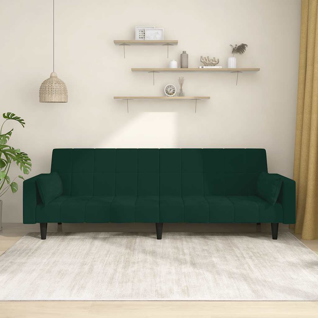 Divano Letto a 2 Posti con 2 Cuscini Verde Scuro in Velluto