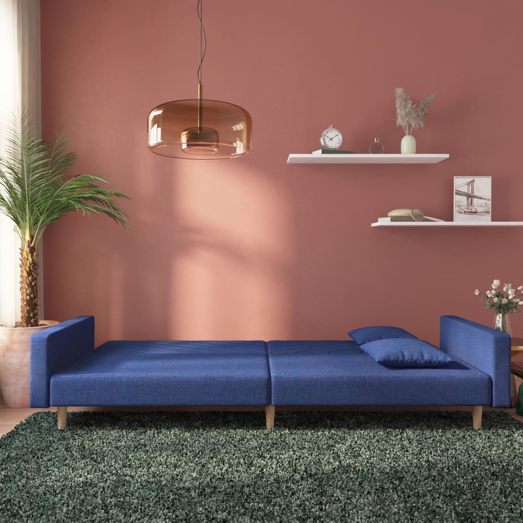 Divano Letto a 2 Posti con 2 Cuscini Blu in Tessuto | homemem39