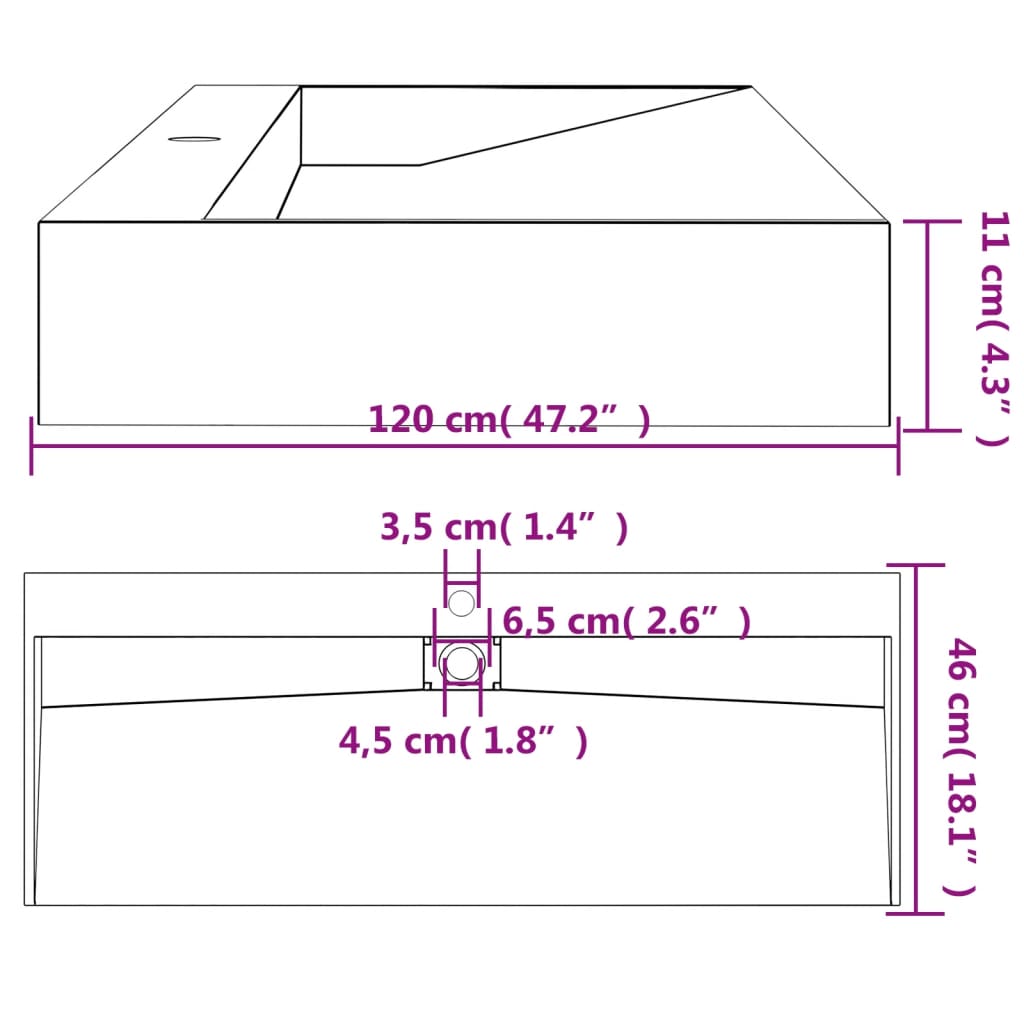 Lavandino 120x46x11 cm Blocco in Marmo/Minerale Nero Opaco - homemem39