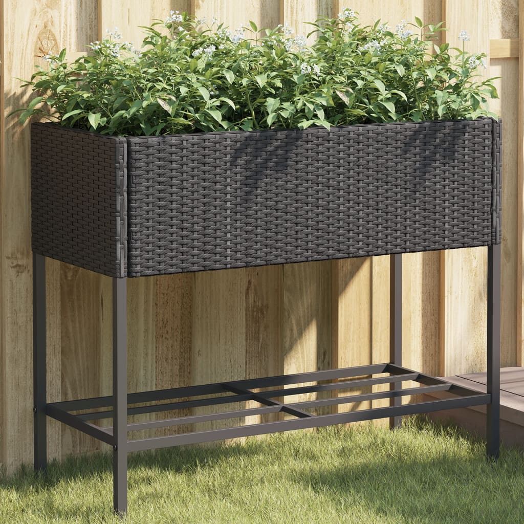 Fioriera da Giardino con Ripiano Nera in Polyrattan