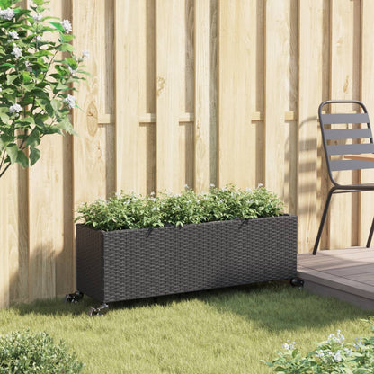 Fioriera con Ruote e 3 Vasi Nera 107x32x38 cm in Polyrattan