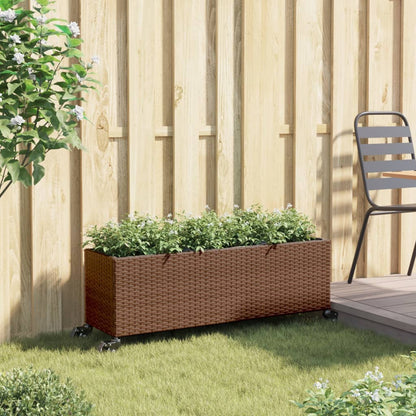 Fioriera con Ruote e 3 Vasi Marrone 107x32x38 cm in Polyrattan