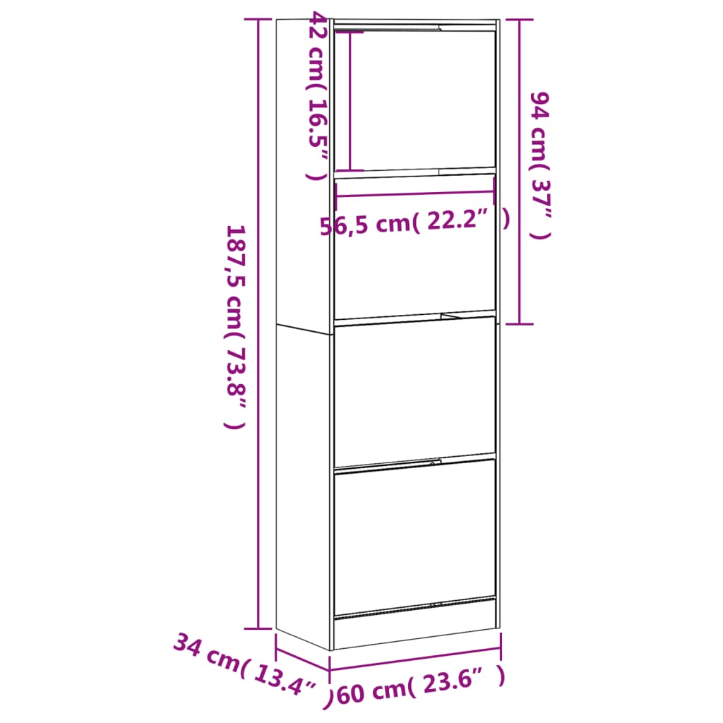 Scarpiera 4 Cassetti Ribaltabili Grigio Sonoma 60x34x187,5 cm - homemem39