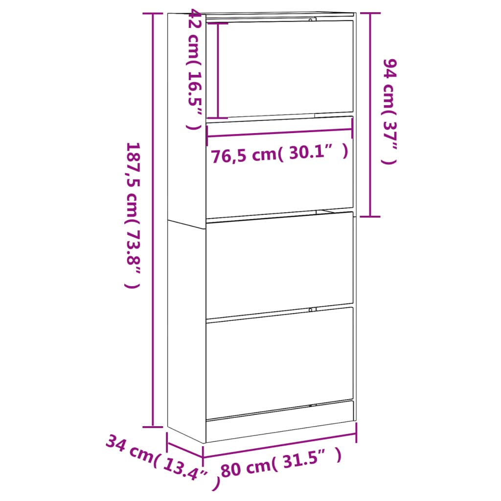 Scarpiera 4 Cassetti Ribaltabili Grigio Sonoma 80x34x187,5 cm - homemem39