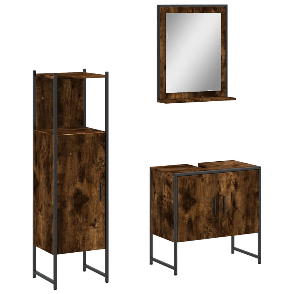 Set Mobili da Bagno 3 pz Rovere Fumo in Legno Multistrato | homemem39