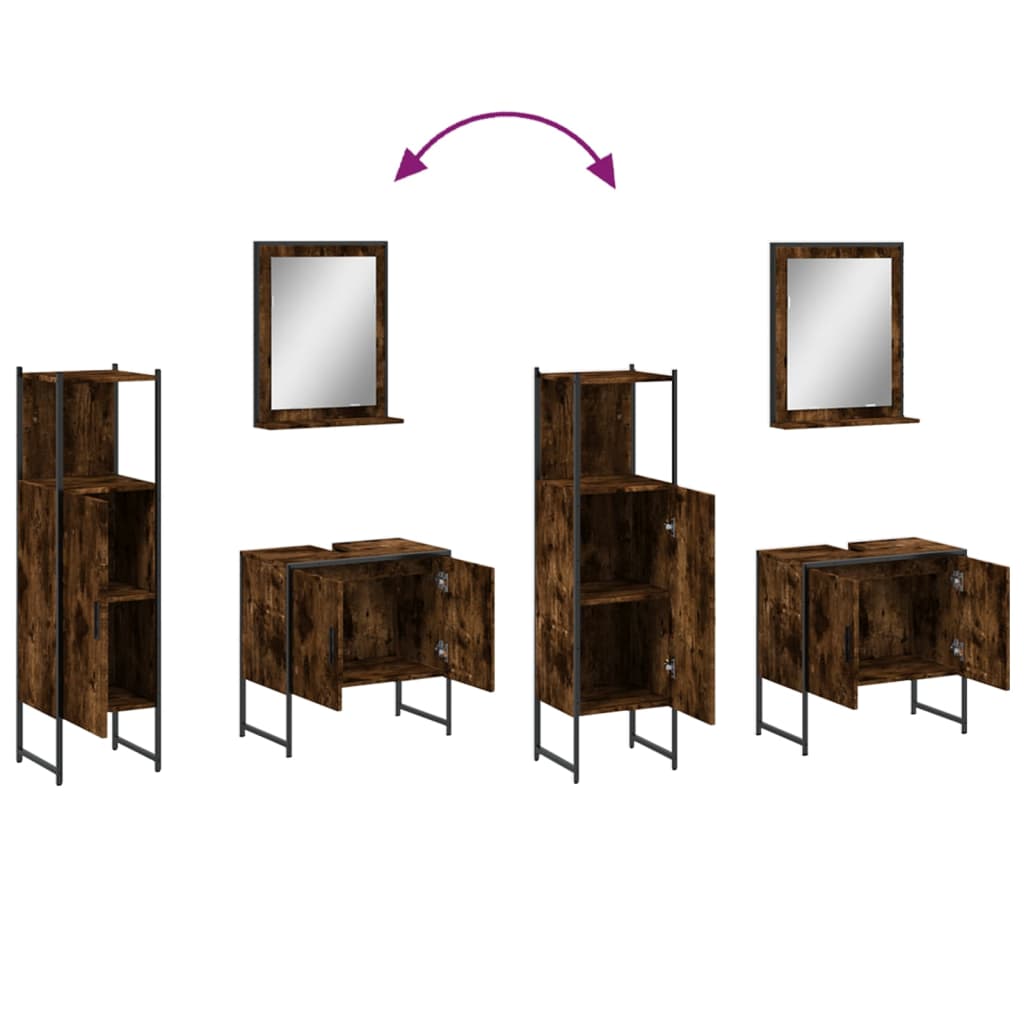 Set Mobili da Bagno 3 pz Rovere Fumo in Legno Multistrato