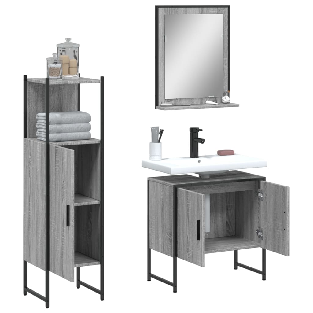 Set Mobili da Bagno 3 pz Grigio Sonoma in Legno Multistrato