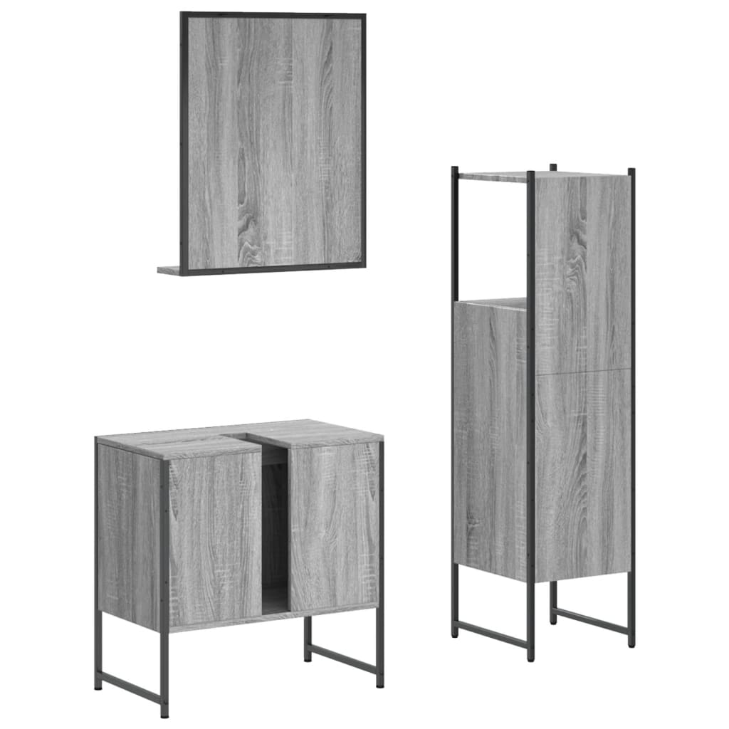 Set Mobili da Bagno 3 pz Grigio Sonoma in Legno Multistrato | homemem39