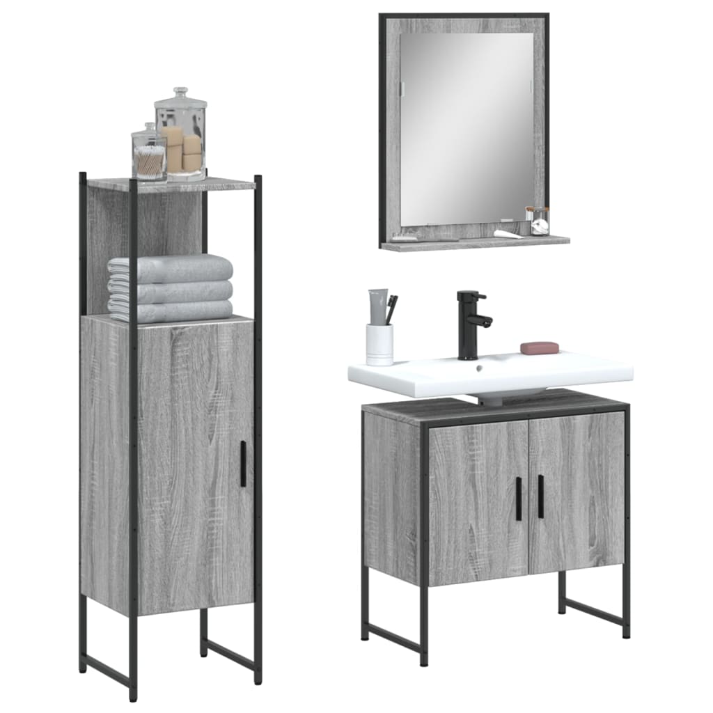 Set Mobili da Bagno 3 pz Grigio Sonoma in Legno Multistrato | homemem39
